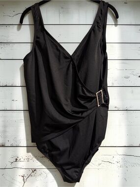 Merona Black One Piece Swimsuit Sz 20W Faux Wrap Buckle Slimming Plus